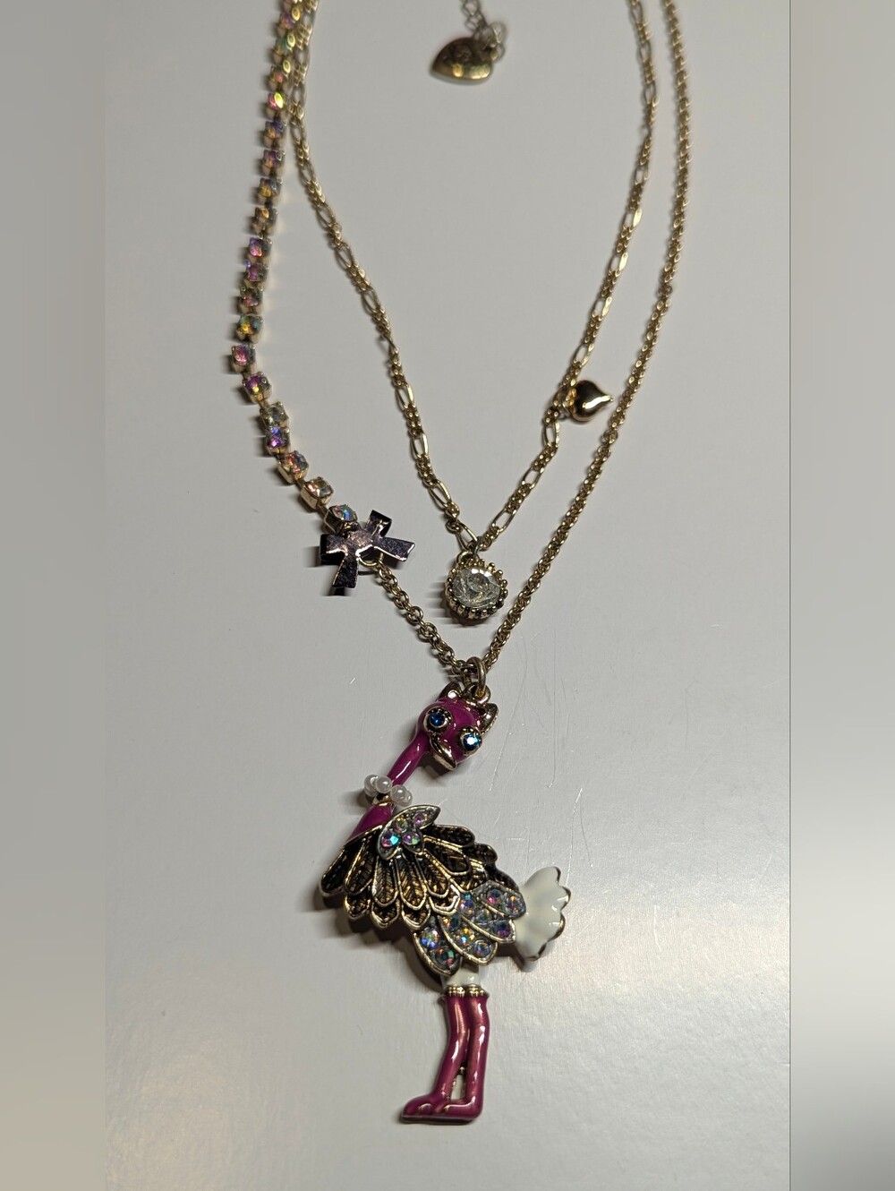 Betsey Johnson Gold Tone Pink Ostrich Layered Necklace with Crystal Accents